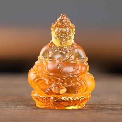 Mini Yellow Dzambhala Statue, 2" Liuli Glass Buddha, Feng Shui Car Dashboard Decor, God of Wealth Office Desk Ornament, Buddhist Gift