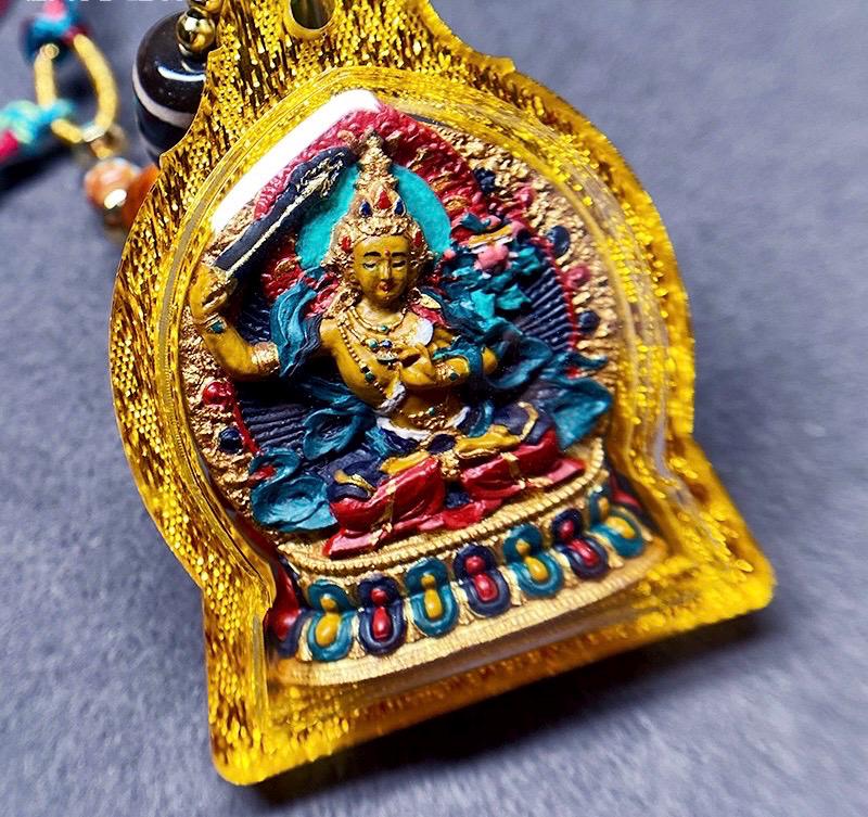 Hand Painted Manjushri Thangka Amulet, Mineral Pigment Tibetan Tsa-Tsa Pendant, Sacred Buddhist Jewelry, Zodiac Protector Talisman