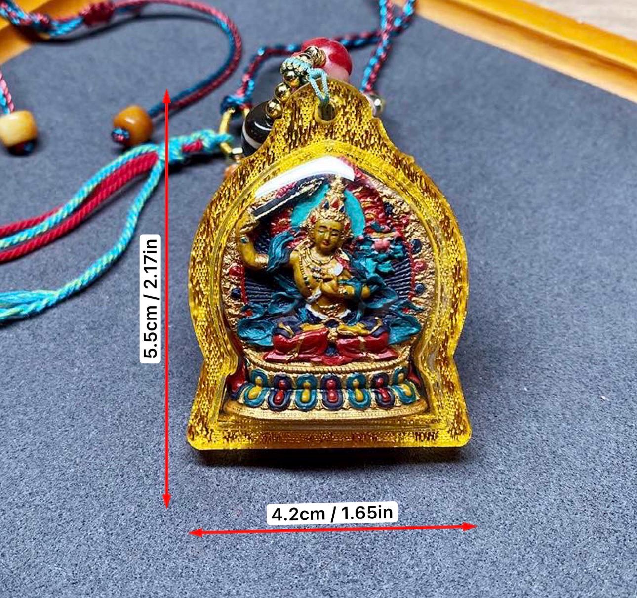 Hand Painted Manjushri Thangka Amulet, Mineral Pigment Tibetan Tsa-Tsa Pendant, Sacred Buddhist Jewelry, Zodiac Protector Talisman