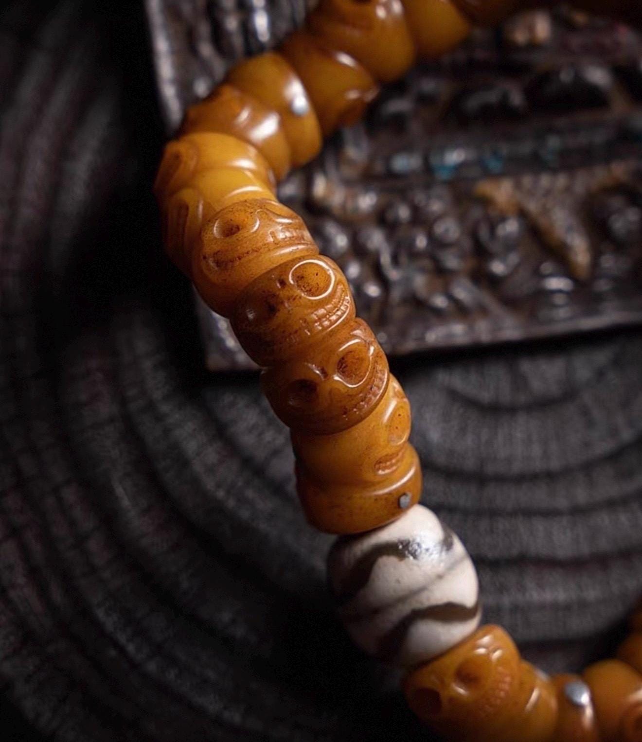 EverestArtStudios Tibetan Yak Bone Bracelet with Tassel, Skull Bone Mala Bracelet, Charnel Ground Inspired Buddhist Wrist Mala