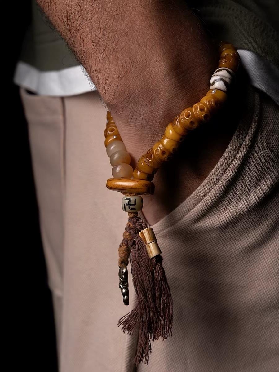 EverestArtStudios Tibetan Yak Bone Bracelet with Tassel, Skull Bone Mala Bracelet, Charnel Ground Inspired Buddhist Wrist Mala