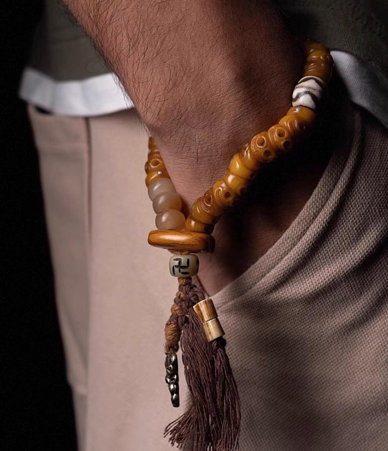 EverestArtStudios Tibetan Yak Bone Bracelet with Tassel, Skull Bone Mala Bracelet, Charnel Ground Inspired Buddhist Wrist Mala