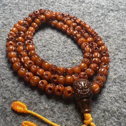 Tibetan Yak Bone Mala Beads 108, 10mm Oily Distressed Bone Bracelet, Carved Skull Charm Prayer Beads, Buddhist Meditation Necklace