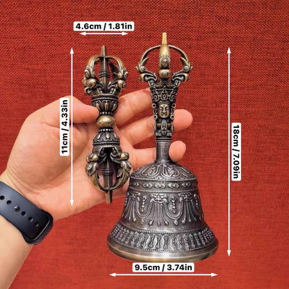 Handcrafted Tibetan Vajra Bell and Dorje Set, Pure Brass Buddhist Ritual Bell, Nepalese Meditation Altar Tool, 5-Prong Vajra, Clear Resonant