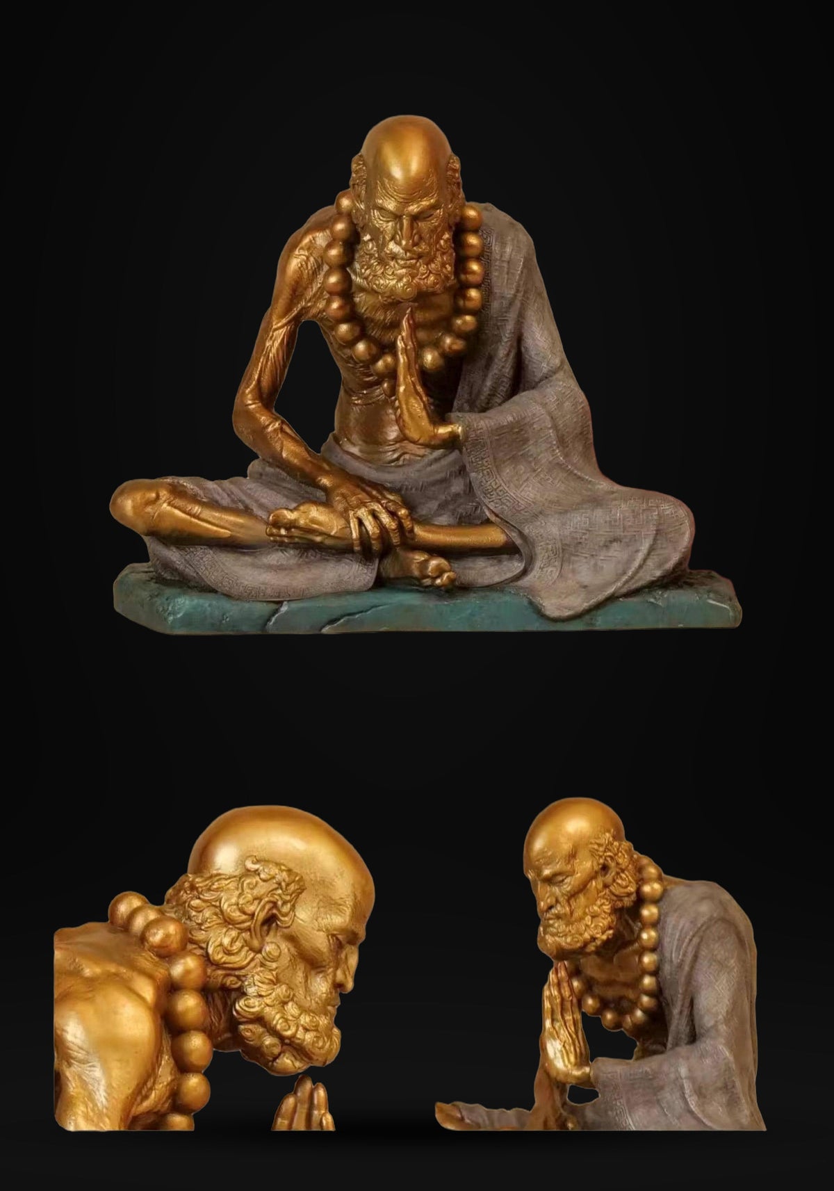 Meditierender Daruma Bodhidharma, Silber-Grau oder Patinagrün