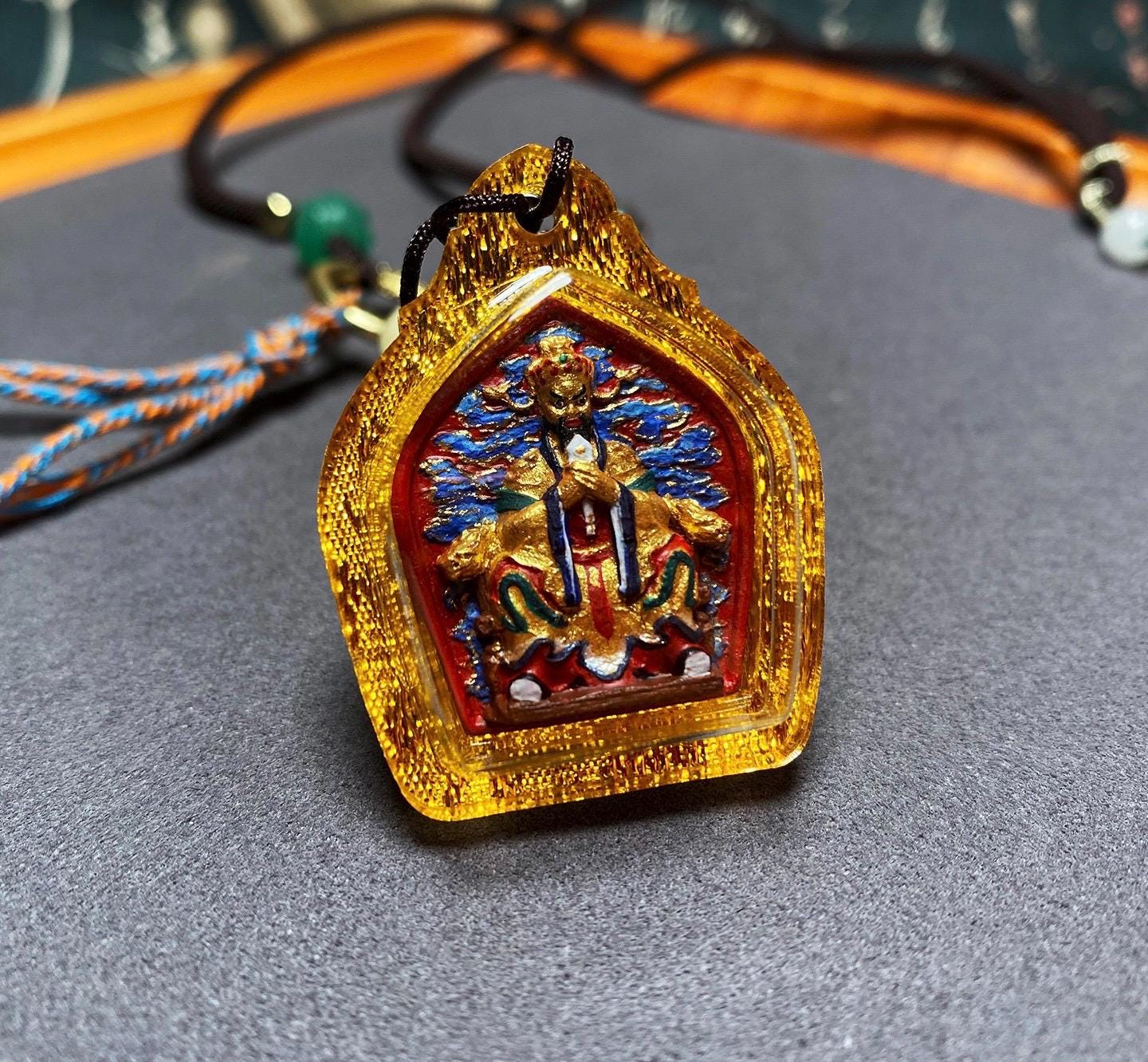 Hand-Painted Fifth Dragon Lord Pendant Tibetan Wealth God Tsa Tsa Amulet Mini Thangka Necklace Mineral Pigments Prosperity Spiritual Gift