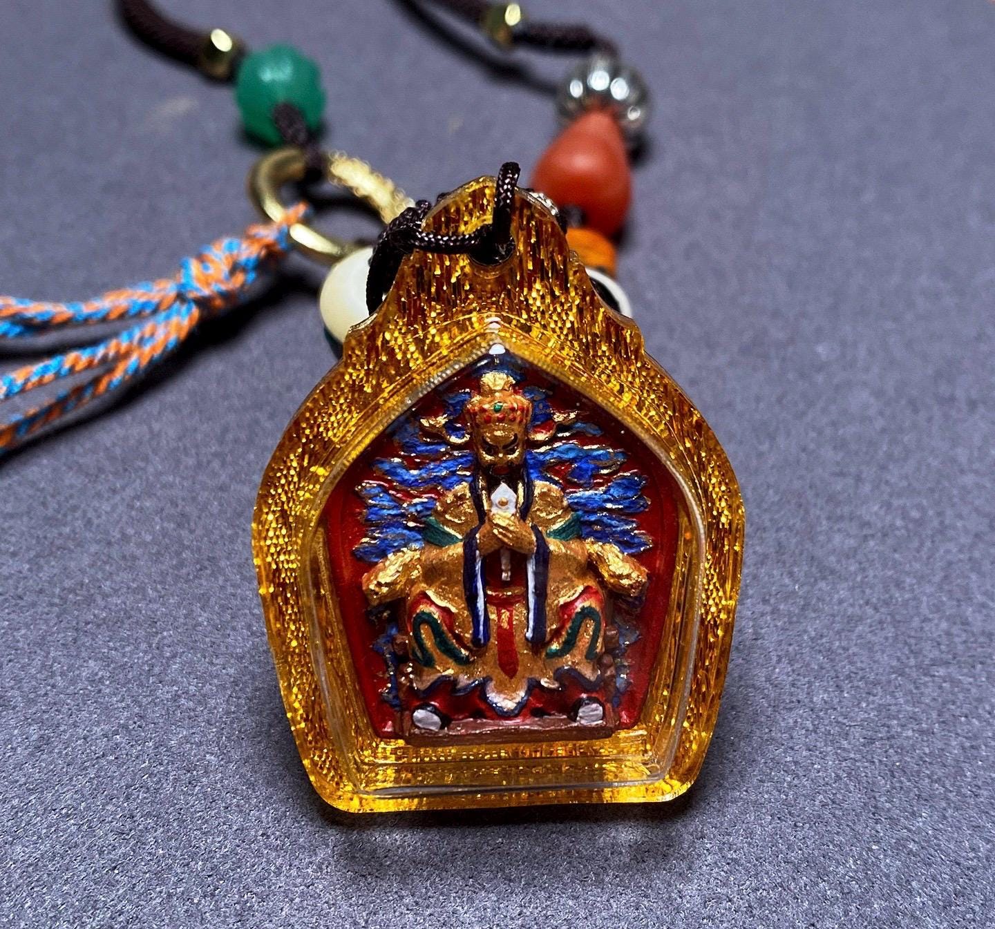 Hand-Painted Fifth Dragon Lord Pendant Tibetan Wealth God Tsa Tsa Amulet Mini Thangka Necklace Mineral Pigments Prosperity Spiritual Gift