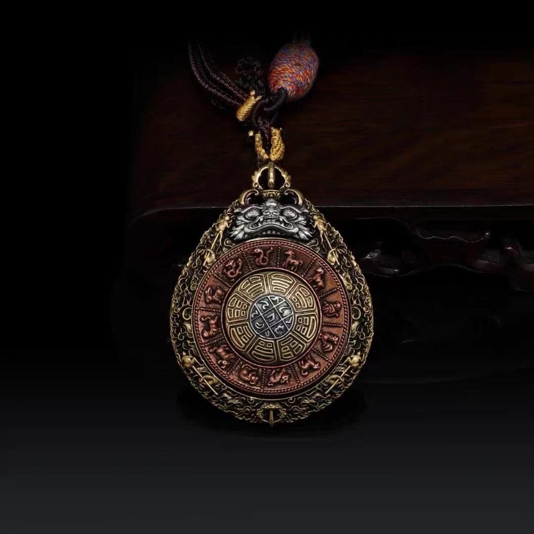 EverestArtStudios Tibetan Nine Palaces Eight Trigrams Brass Hanging Amulet | Bagua Protection Charm | Car Rearview Mirror Ornament