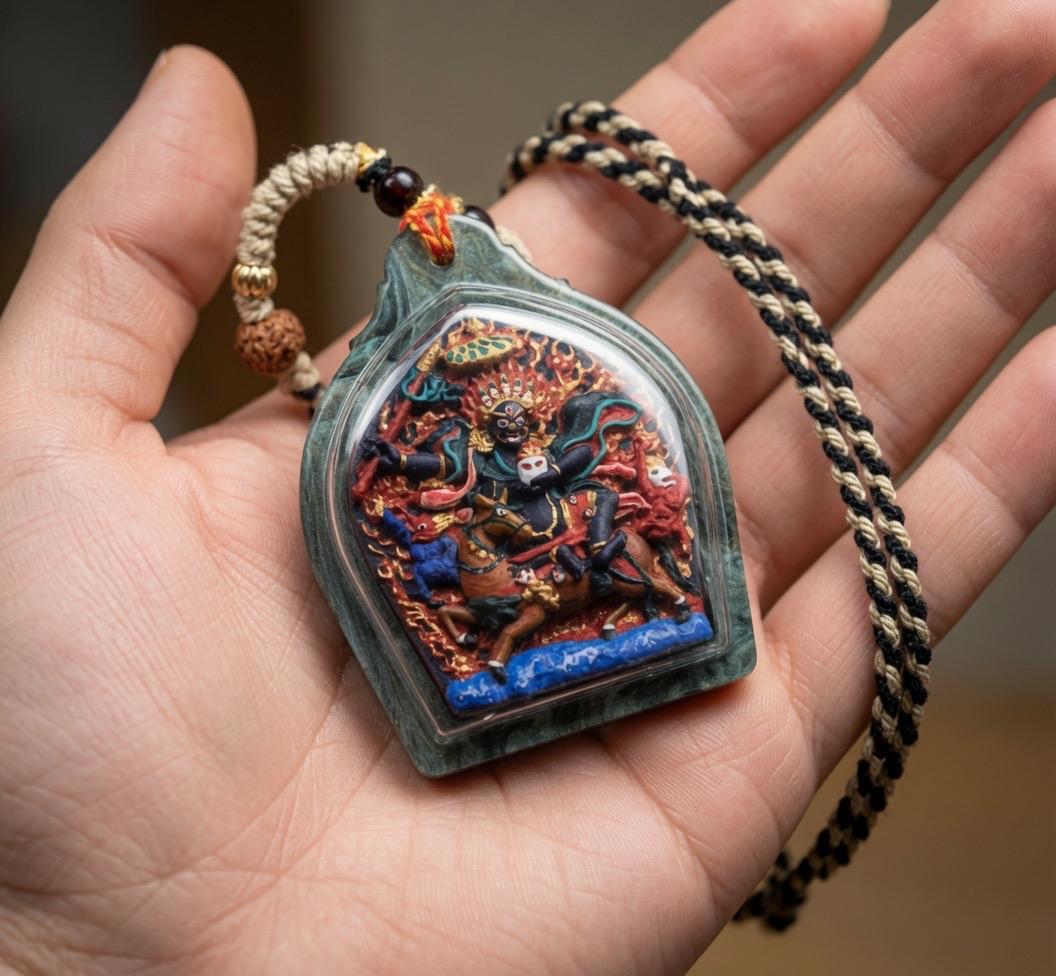 Hand Painted Palden Lhamo Thangka Pendant, Tibetan Tsa Tsa Amulet Necklace, Mineral Pigments Buddhist Talisman, Shri Devi Protection Gift