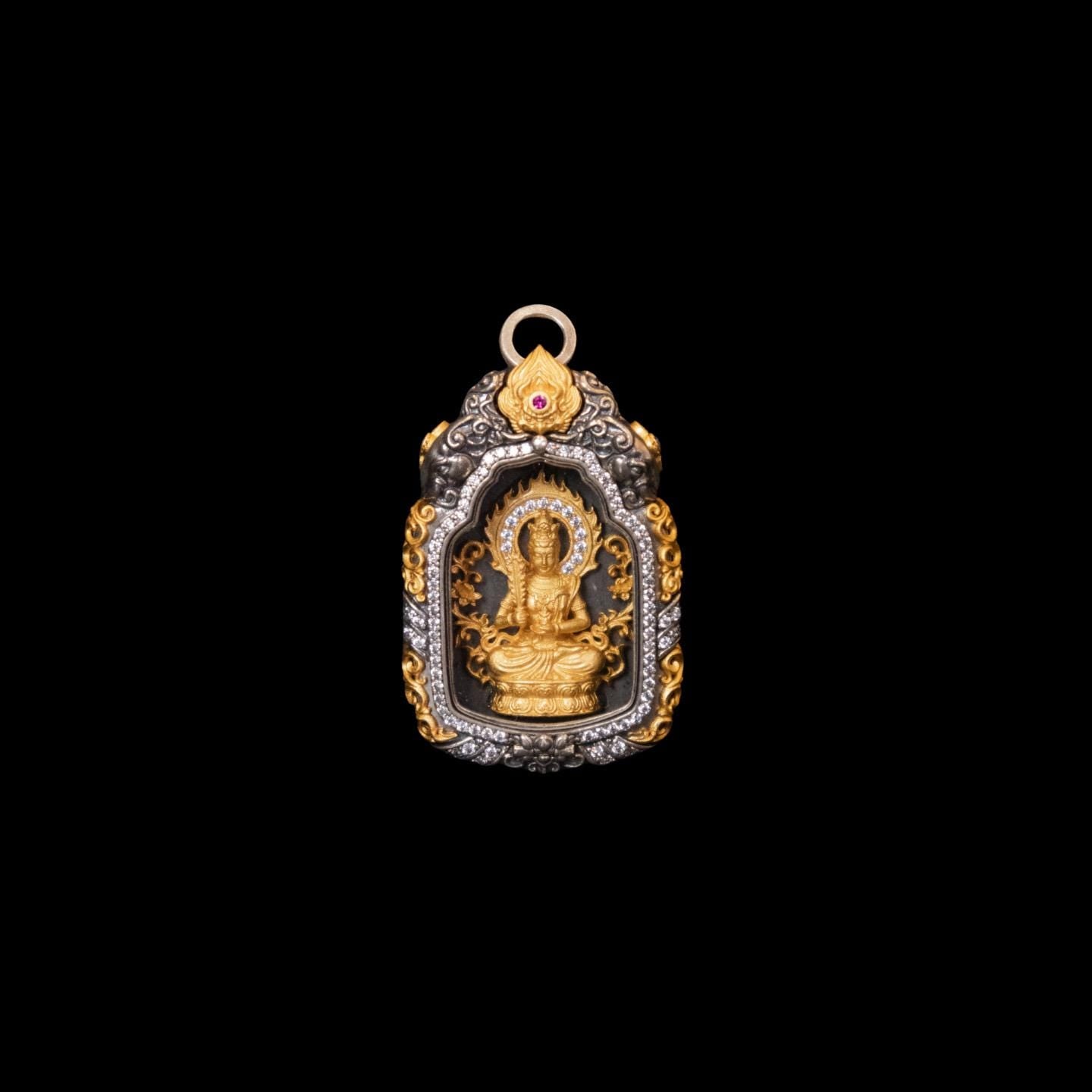 Buddhist Zodiac Guardian Amulet Necklace 24K Gold Over Sterling Silver Tibetan Protection Talisman Shurangama Mantra Gau Box Spiritual Gift