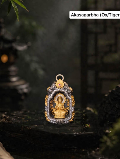 Buddhist Zodiac Guardian Amulet Necklace 24K Gold Over Sterling Silver Tibetan Protection Talisman Shurangama Mantra Gau Box Spiritual Gift