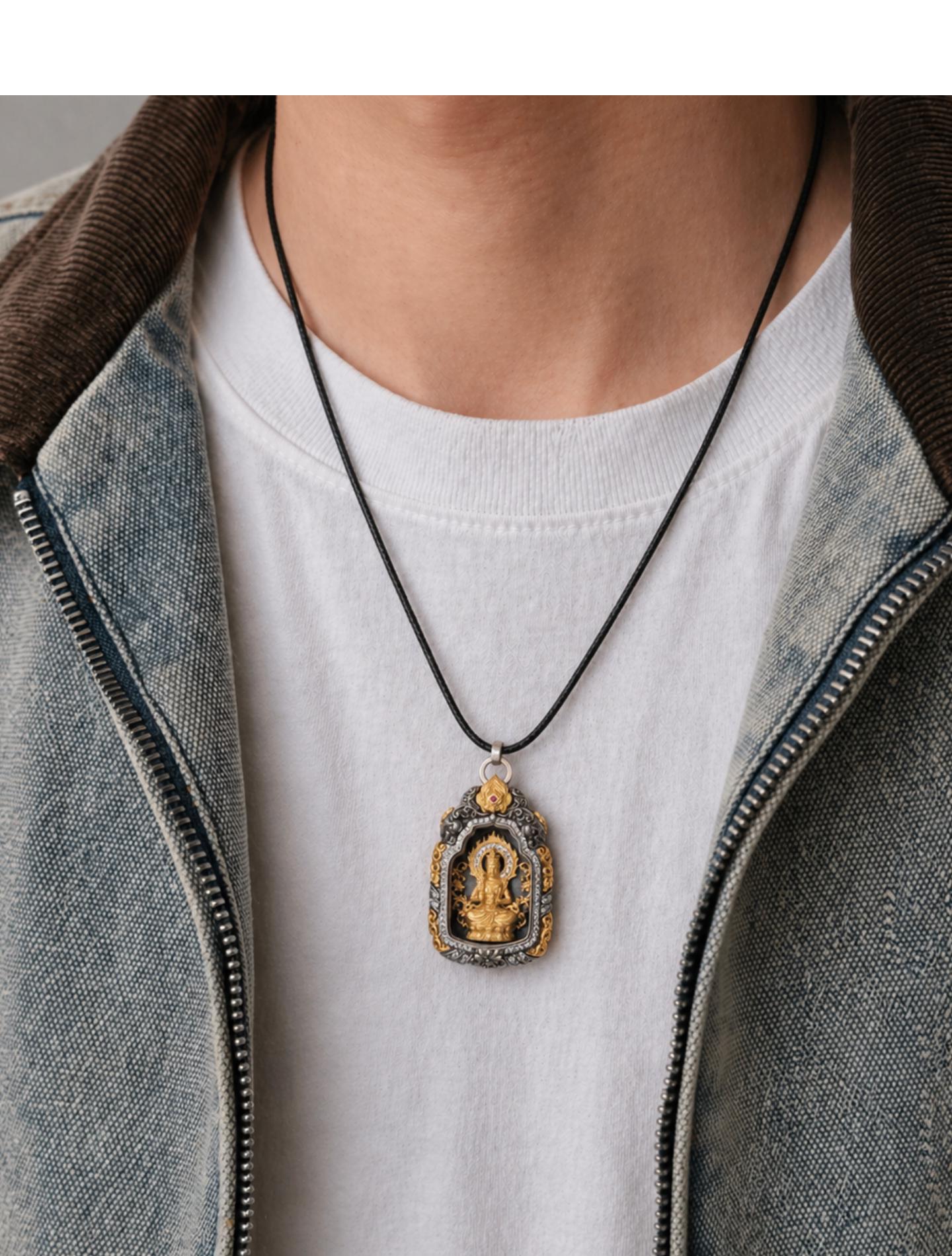 Buddhist Zodiac Guardian Amulet Necklace 24K Gold Over Sterling Silver Tibetan Protection Talisman Shurangama Mantra Gau Box Spiritual Gift