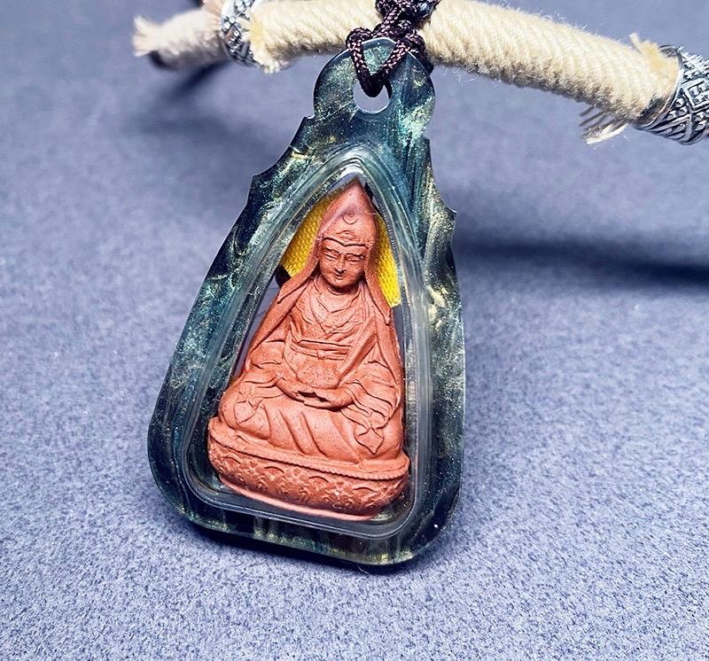 Himalayan Padmasambhava Pendant, Tibetan Guru Rinpoche Tsa Tsa Necklace, Buddhist Thangka Amulet for Protection, Sacred Meditation Talisman