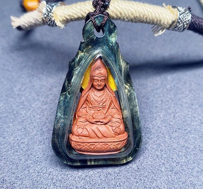Himalayan Padmasambhava Pendant, Tibetan Guru Rinpoche Tsa Tsa Necklace, Buddhist Thangka Amulet for Protection, Sacred Meditation Talisman