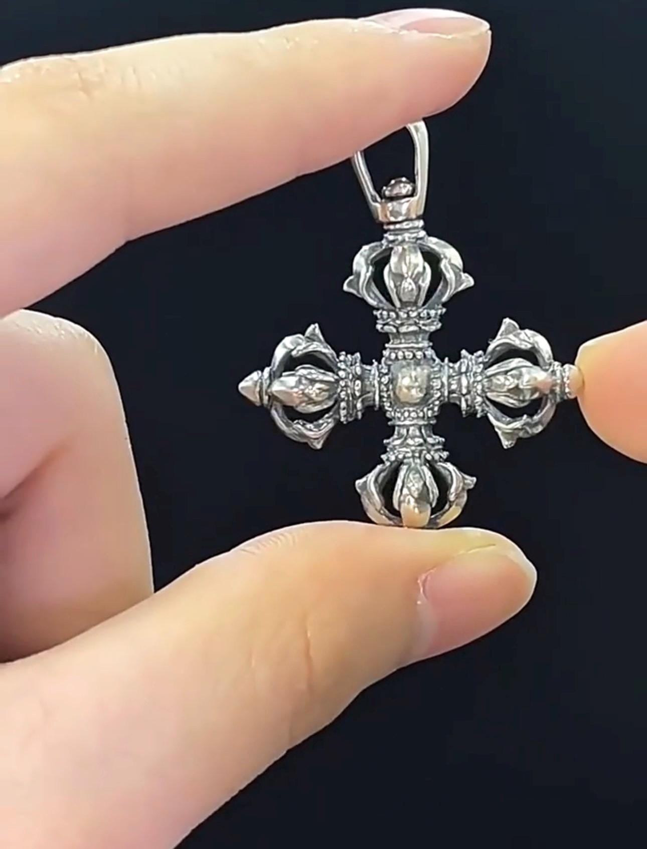 Vintage 925 Silver Vajra Cross Pendant, Retro Oxidized Dorje Necklace for Men Women, Buddhist Phurba Charm, Punk Gothic Streetwear Jewelry