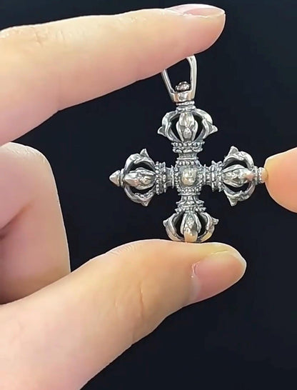 Vintage 925 Silver Vajra Cross Pendant, Retro Oxidized Dorje Necklace for Men Women, Buddhist Phurba Charm, Punk Gothic Streetwear Jewelry