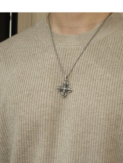 Vintage 925 Silver Vajra Cross Pendant, Retro Oxidized Dorje Necklace for Men Women, Buddhist Phurba Charm, Punk Gothic Streetwear Jewelry