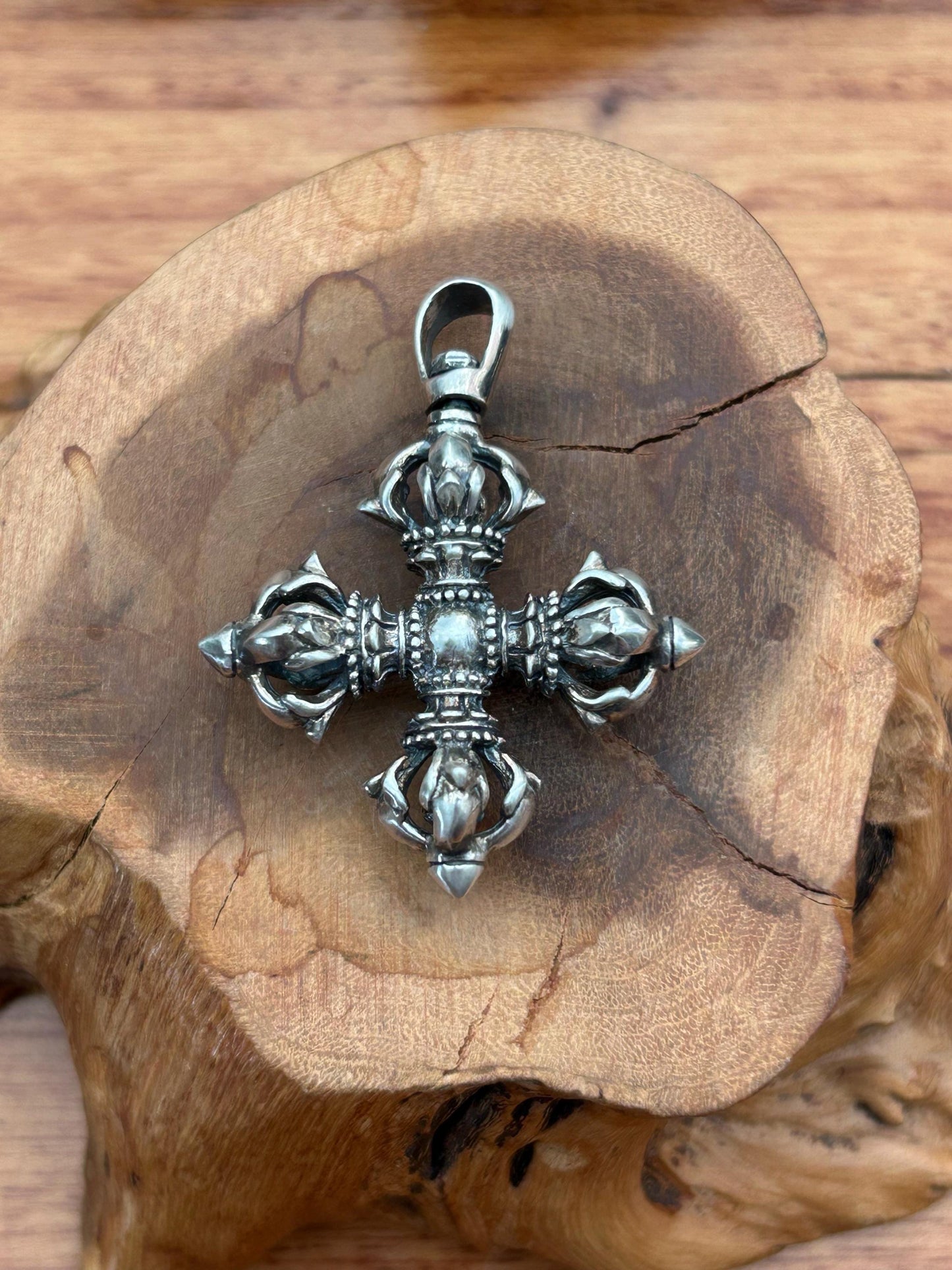Vintage 925 Silver Vajra Cross Pendant, Retro Oxidized Dorje Necklace for Men Women, Buddhist Phurba Charm, Punk Gothic Streetwear Jewelry