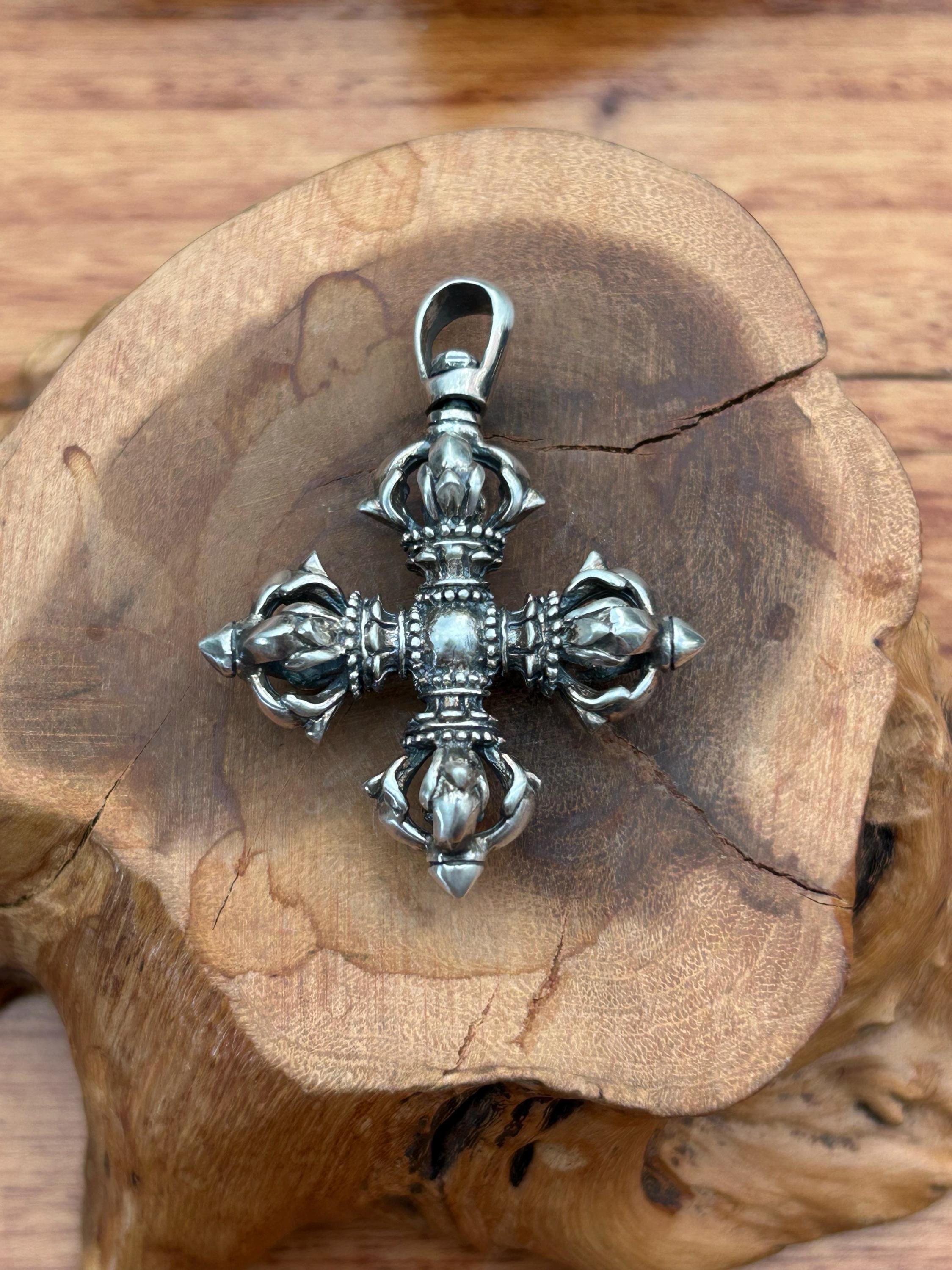 Vintage 925 Silver Vajra Cross Pendant, Retro Oxidized Dorje Necklace for Men Women, Buddhist Phurba Charm, Punk Gothic Streetwear Jewelry