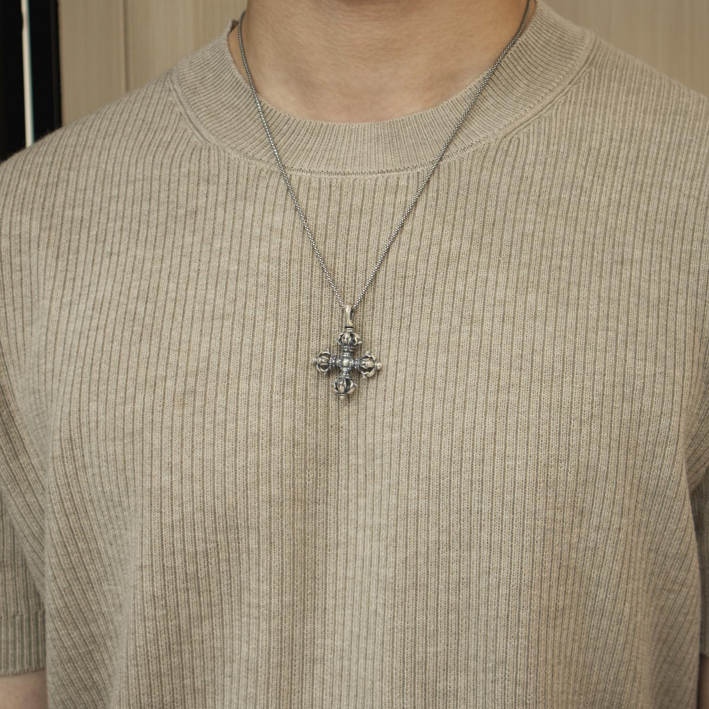 Vintage 925 Silver Vajra Cross Pendant, Retro Oxidized Dorje Necklace for Men Women, Buddhist Phurba Charm, Punk Gothic Streetwear Jewelry