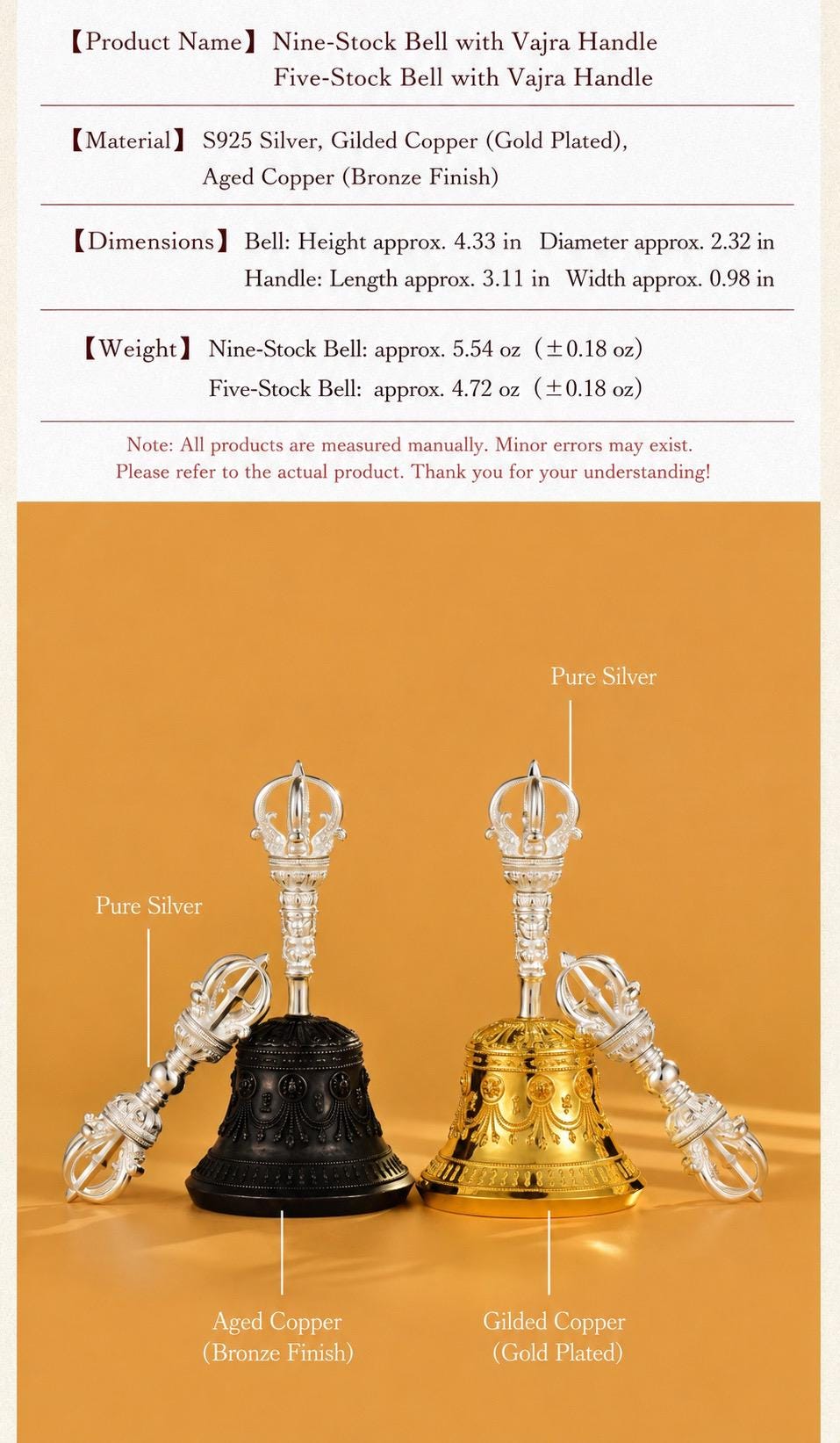Tibetan Vajra Bell and Dorje Set, 5 or 9 Spoke Gold Plated Brass Buddhist Ghanta, Handheld Ritual Meditation Bell, Spiritual Altar Gift