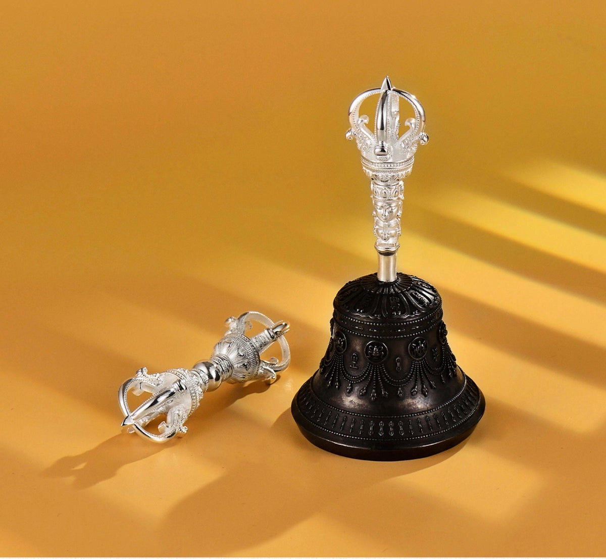 Tibetan Vajra Bell and Dorje Set, 5 or 9 Spoke Gold Plated Brass Buddhist Ghanta, Handheld Ritual Meditation Bell, Spiritual Altar Gift