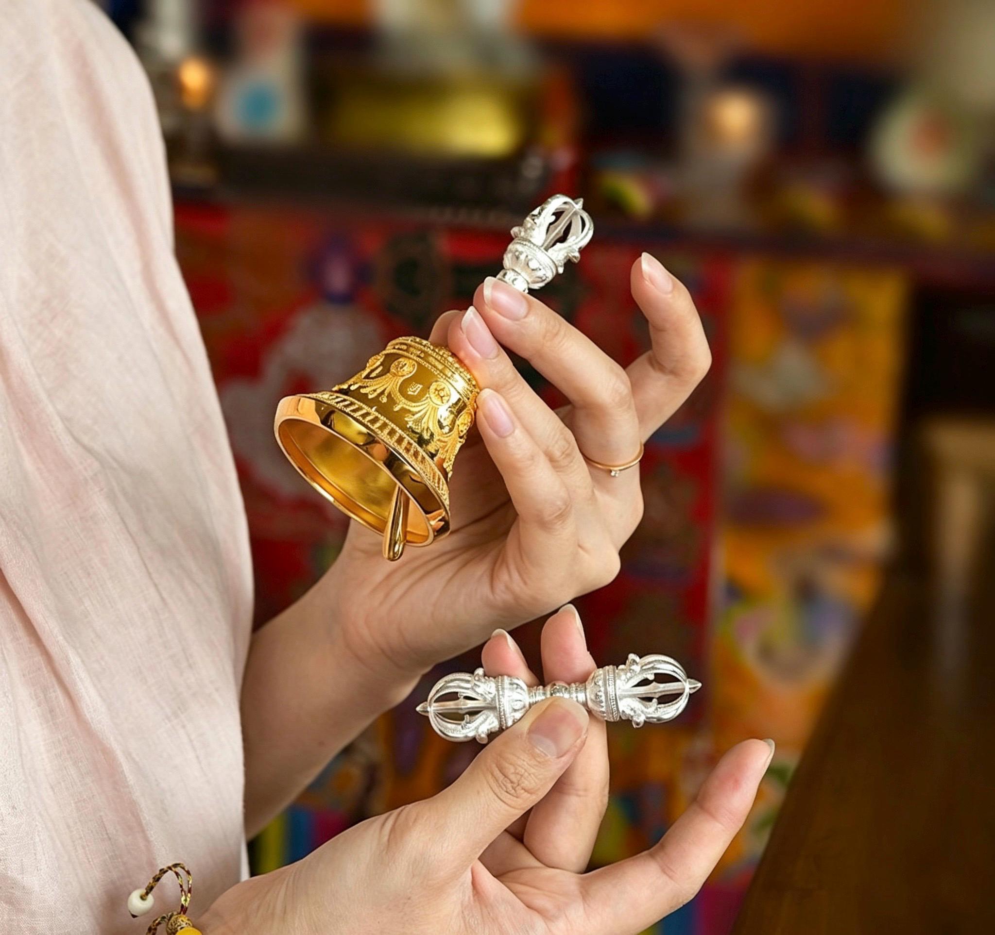 Tibetan Vajra Bell and Dorje Set, 5 or 9 Spoke Gold Plated Brass Buddhist Ghanta, Handheld Ritual Meditation Bell, Spiritual Altar Gift