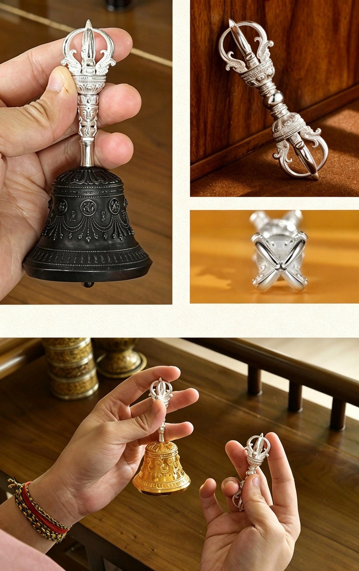 Tibetan Vajra Bell and Dorje Set, 5 or 9 Spoke Gold Plated Brass Buddhist Ghanta, Handheld Ritual Meditation Bell, Spiritual Altar Gift