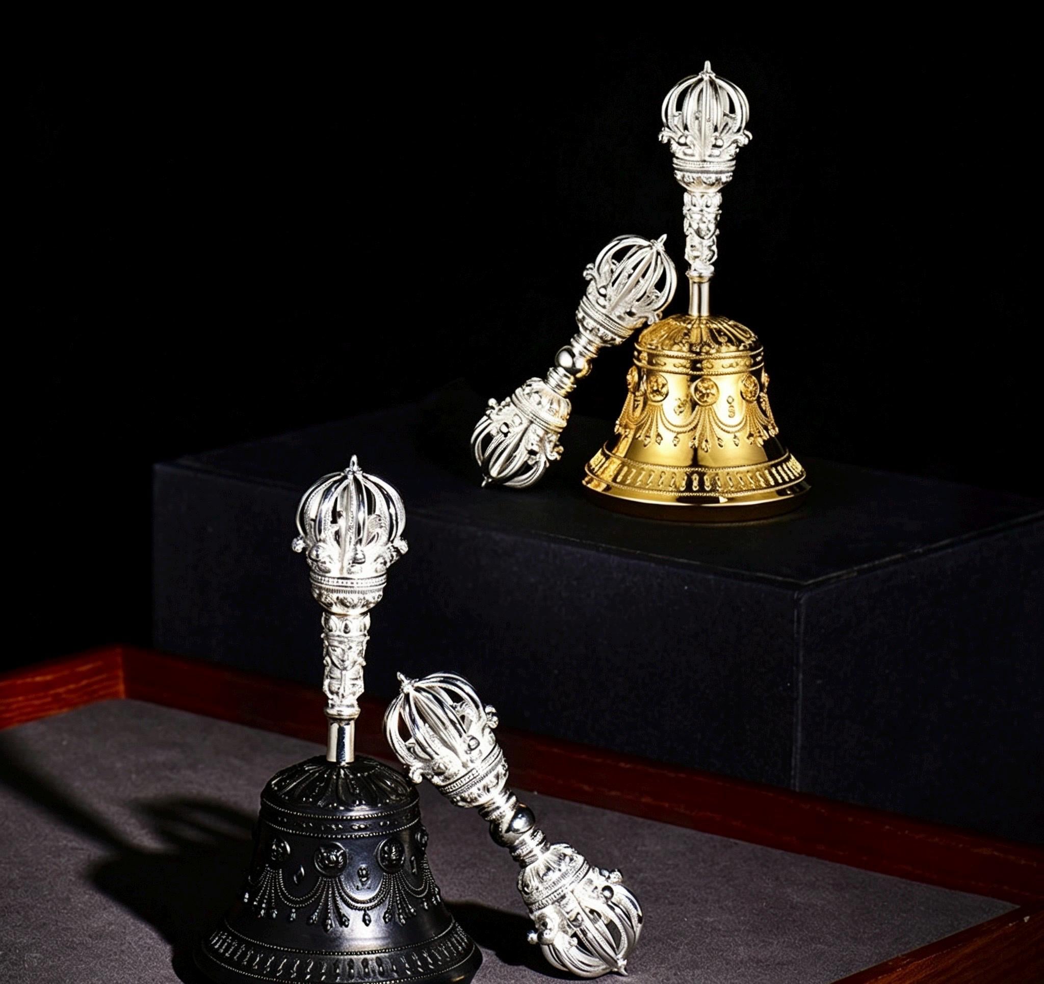 Tibetan Vajra Bell and Dorje Set, 5 or 9 Spoke Gold Plated Brass Buddhist Ghanta, Handheld Ritual Meditation Bell, Spiritual Altar Gift