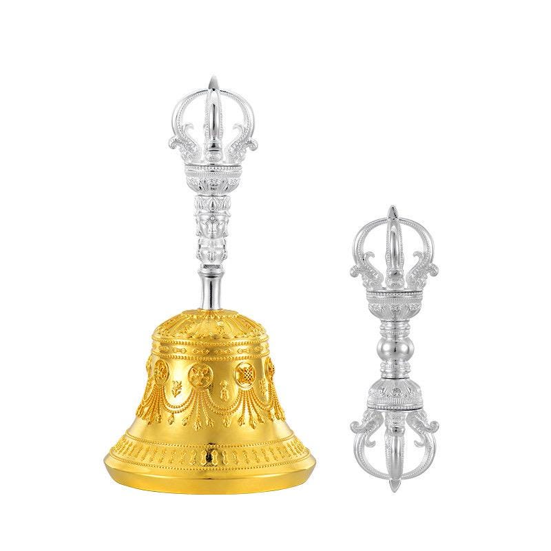 Tibetan Vajra Bell and Dorje Set, 5 or 9 Spoke Gold Plated Brass Buddhist Ghanta, Handheld Ritual Meditation Bell, Spiritual Altar Gift