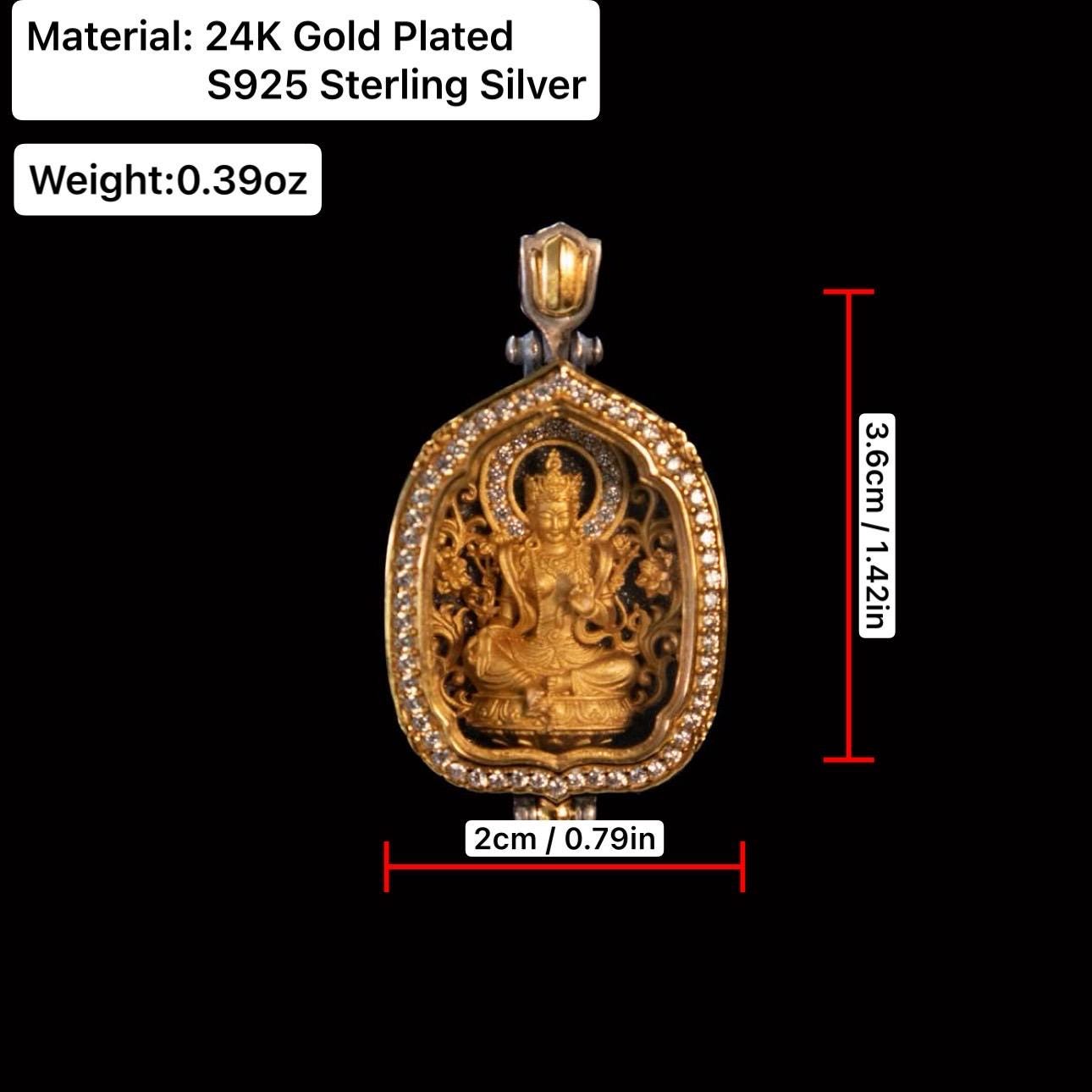 Gold Plated 925 Sterling Silver Lotus Leaf Gau Box Pendant, Vintage Handcrafted Prayer Box Necklace with White CZ Diamond, Mindful Keepsake