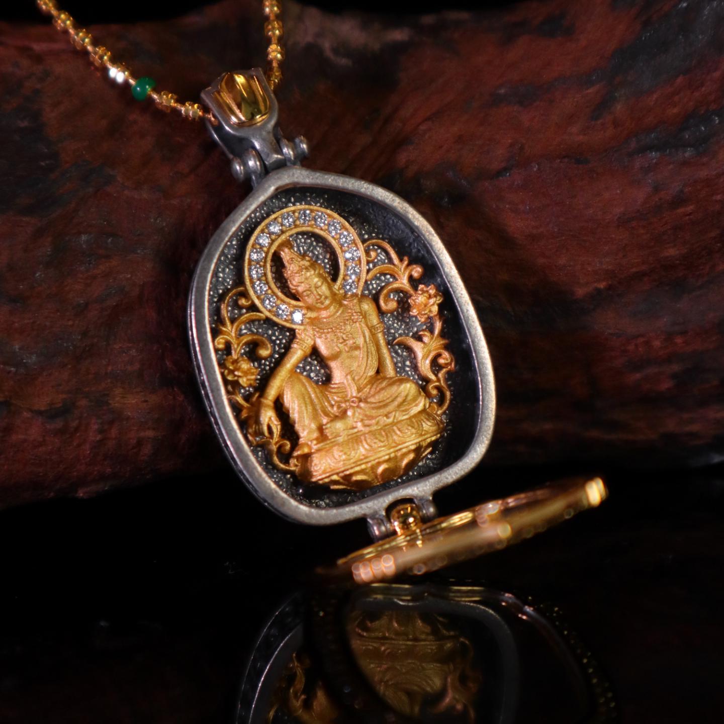 Gold Plated 925 Sterling Silver Lotus Leaf Gau Box Pendant, Vintage Handcrafted Prayer Box Necklace with White CZ Diamond, Mindful Keepsake