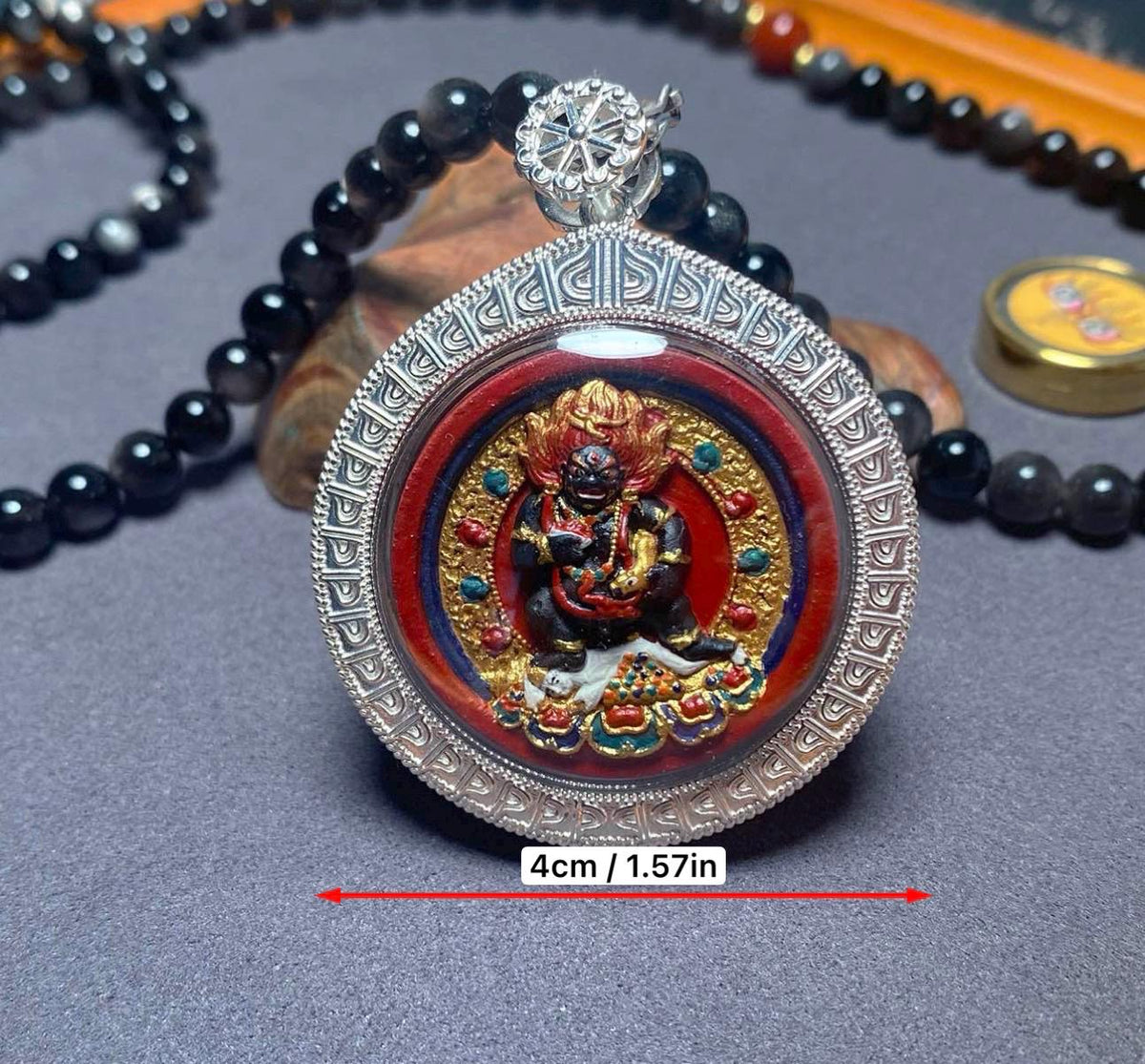 Hand Painted Two Sided Tsa Tsa Pendant Yellow Black Kubera, Genuine Mineral Pigments Buddhist Amulet, Heavy Solid Silver Gau Box Necklace