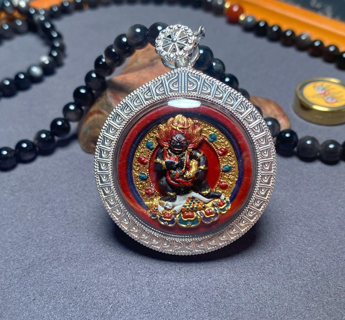 Hand Painted Two Sided Tsa Tsa Pendant Yellow Black Kubera, Genuine Mineral Pigments Buddhist Amulet, Heavy Solid Silver Gau Box Necklace