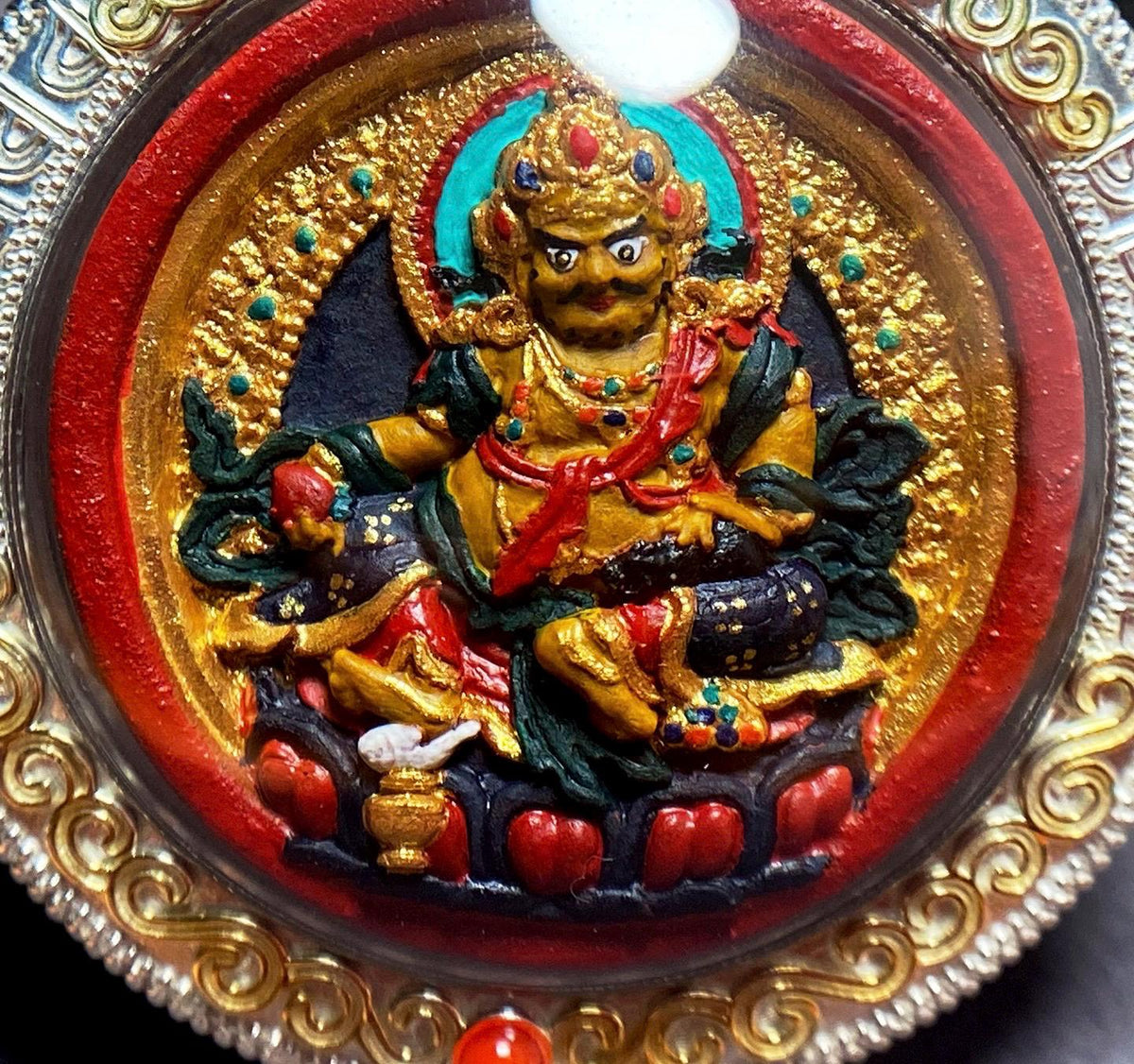 Hand Painted Two Sided Tsa Tsa Pendant Yellow Black Kubera, Genuine Mineral Pigments Buddhist Amulet, Heavy Solid Silver Gau Box Necklace