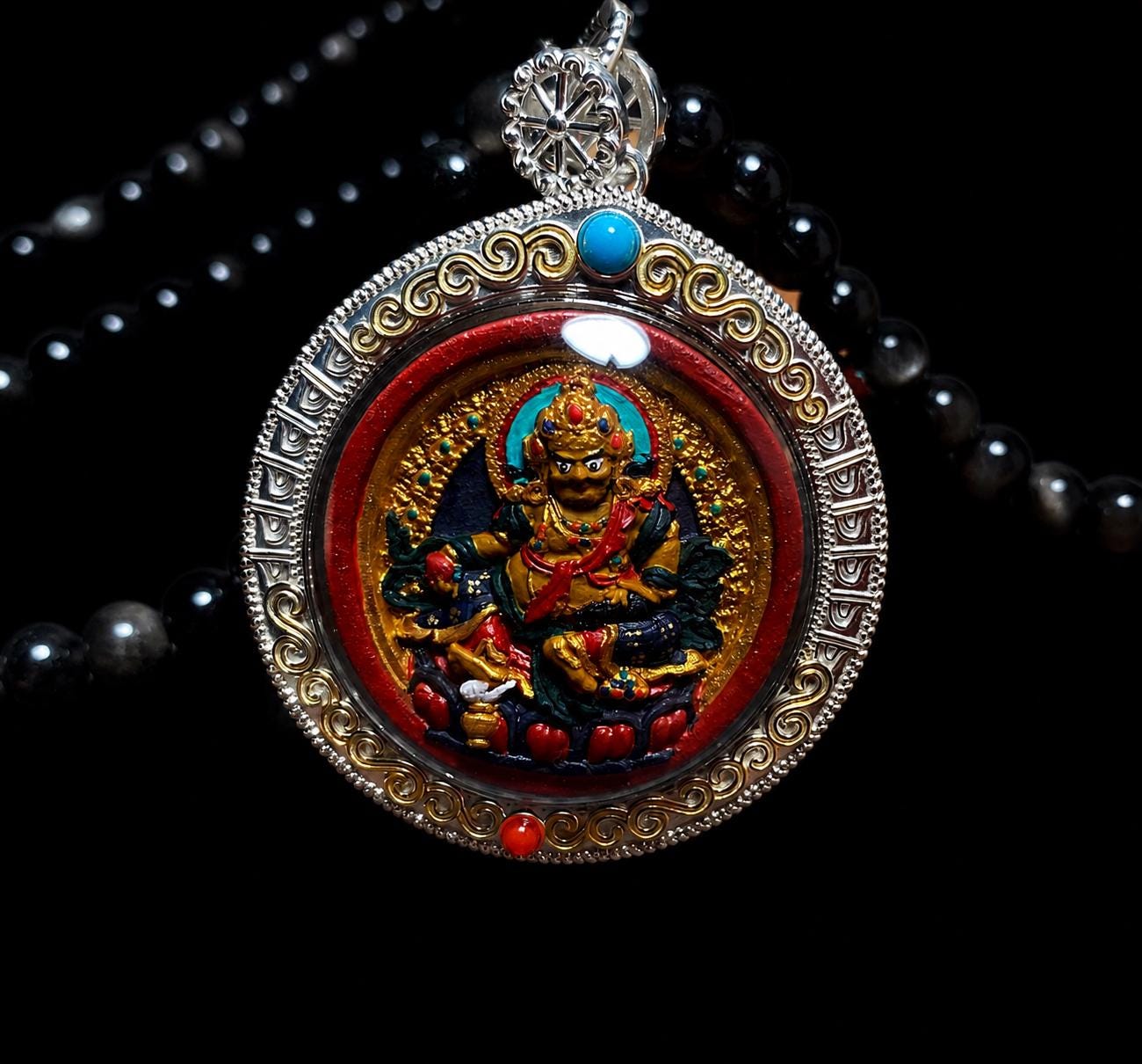 Hand Painted Two Sided Tsa Tsa Pendant Yellow Black Kubera, Genuine Mineral Pigments Buddhist Amulet, Heavy Solid Silver Gau Box Necklace