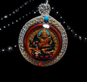 Hand Painted Two Sided Tsa Tsa Pendant Yellow Black Kubera, Genuine Mineral Pigments Buddhist Amulet, Heavy Solid Silver Gau Box Necklace