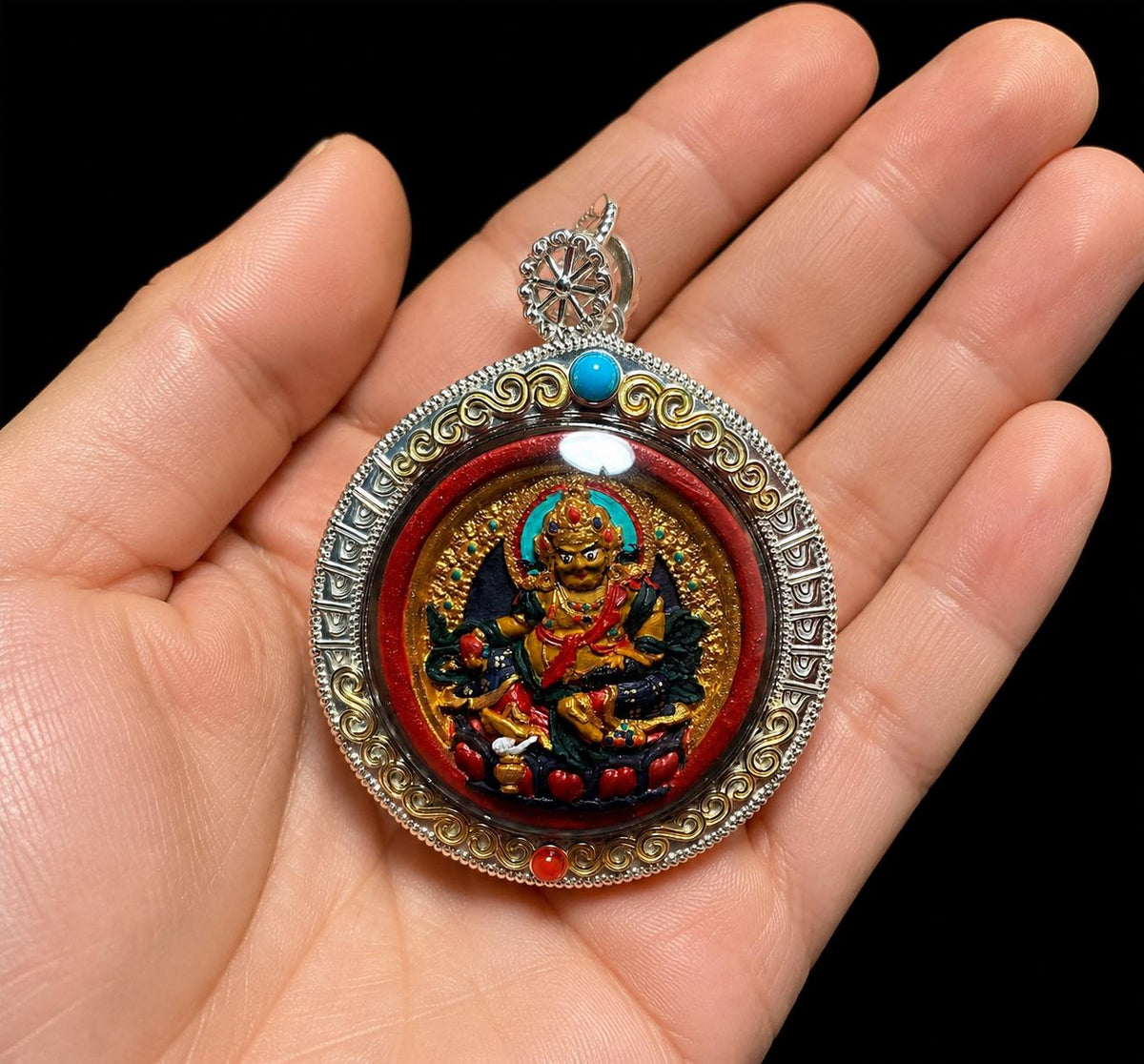 Hand Painted Two Sided Tsa Tsa Pendant Yellow Black Kubera, Genuine Mineral Pigments Buddhist Amulet, Heavy Solid Silver Gau Box Necklace
