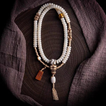 EverestArtStudios – 108 Bead Tibetan Prayer Bracelet – White Jade Bodhi Seed Mala