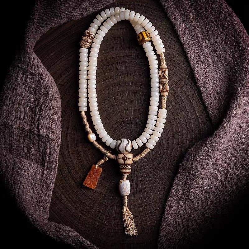 EverestArtStudios – 108 Bead Tibetan Prayer Bracelet – White Jade Bodhi Seed Mala