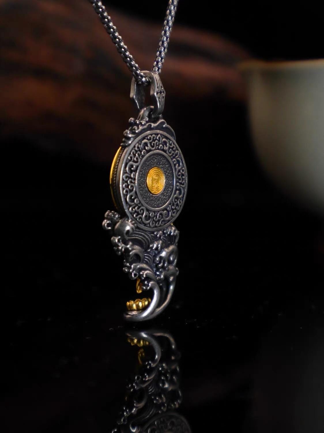 Water Moon Guanyin Pendant S925 Sterling Silver 24K Gold Plated Vintage Buddhist Necklace Handcrafted Gemstone Bodhisattva Jewelry