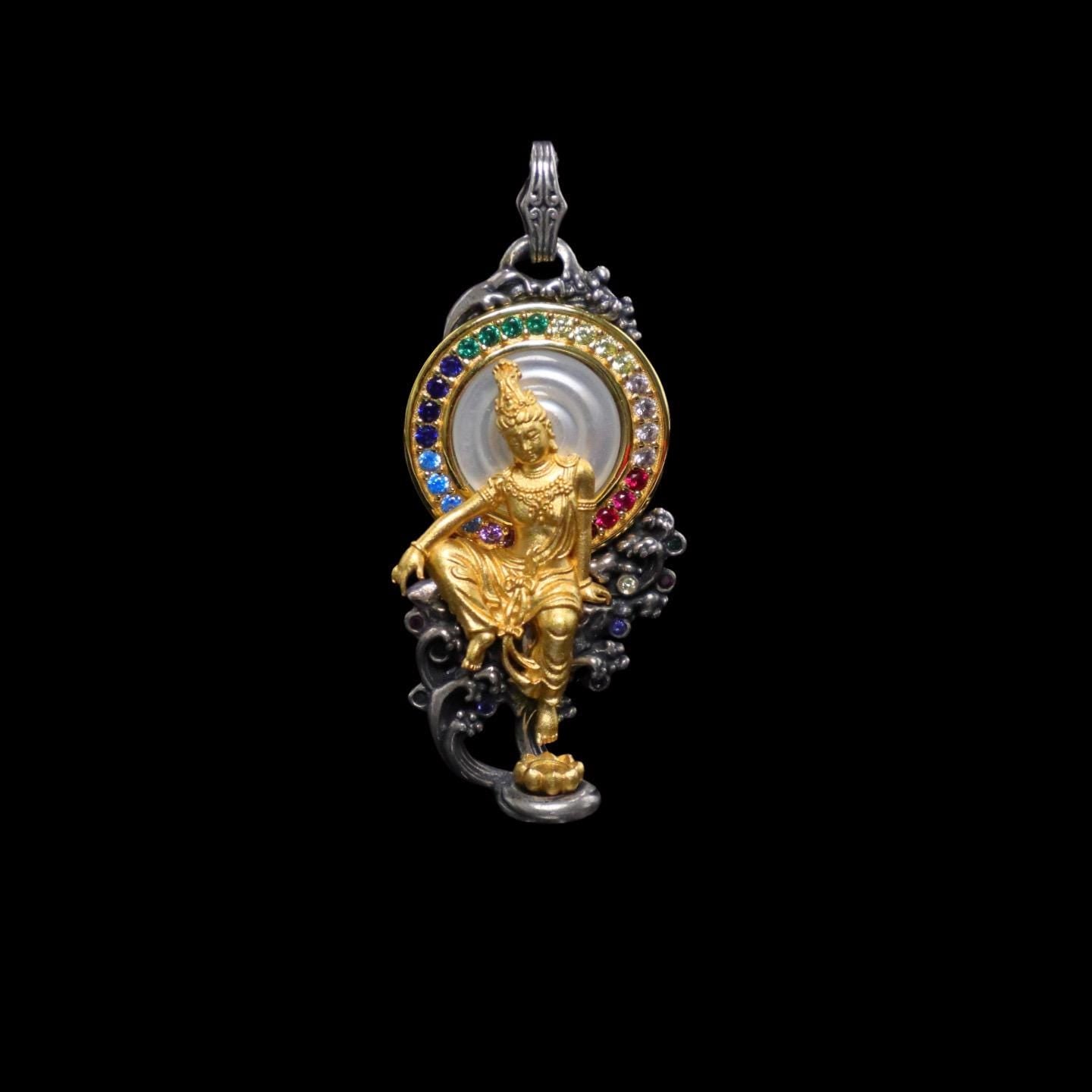 Water Moon Guanyin Pendant S925 Sterling Silver 24K Gold Plated Vintage Buddhist Necklace Handcrafted Gemstone Bodhisattva Jewelry
