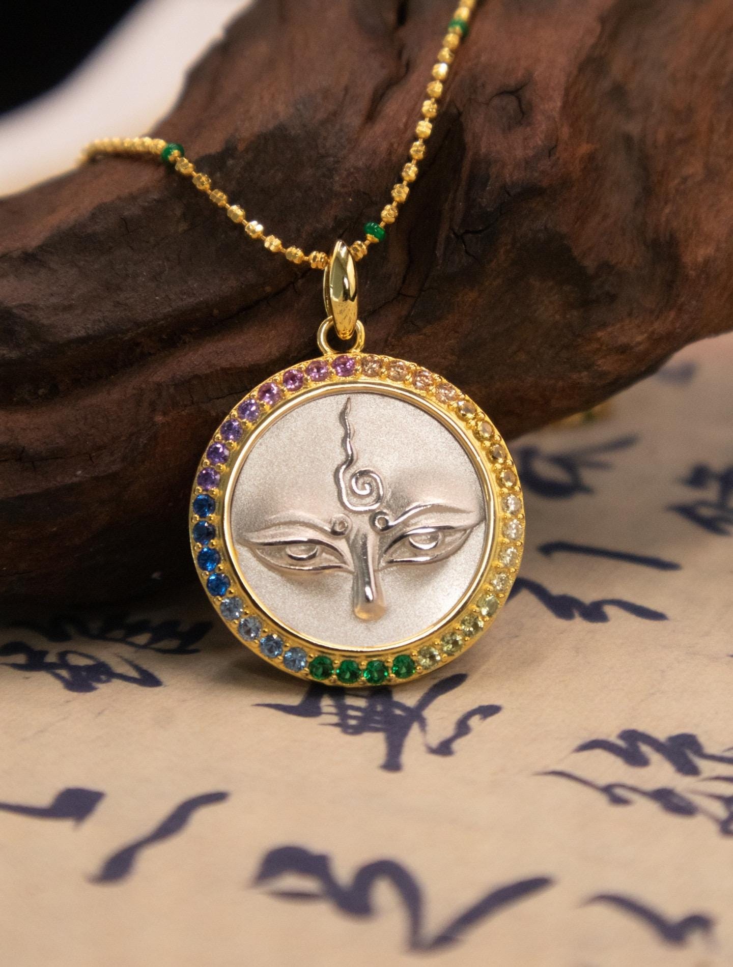 Handcrafted Silver Green Tara Pendant Oxidized Vintage Buddha Eye Necklace Tibetan Buddhist Talisman Spiritual Protection Amulet