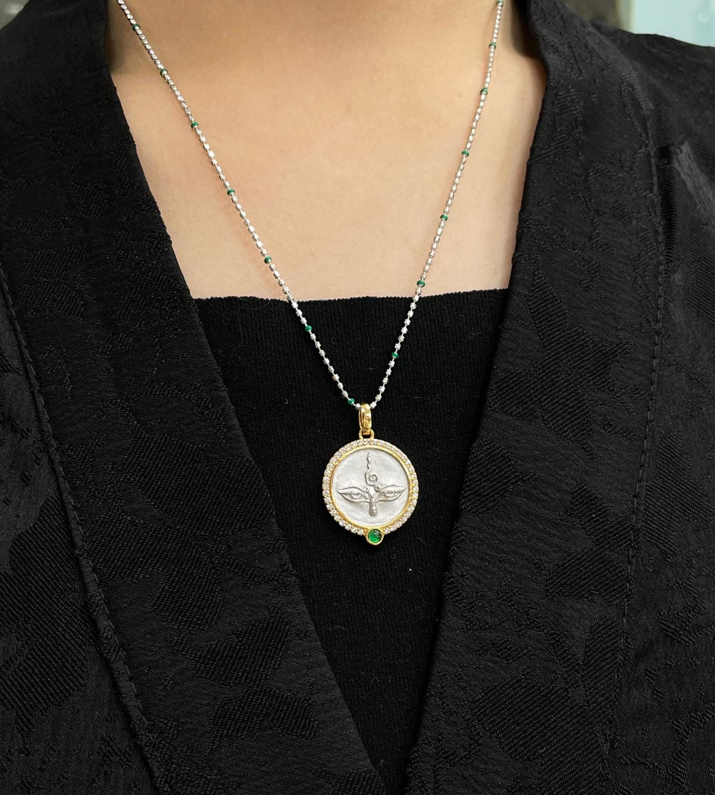 Handcrafted Silver Green Tara Pendant Oxidized Vintage Buddha Eye Necklace Tibetan Buddhist Talisman Spiritual Protection Amulet