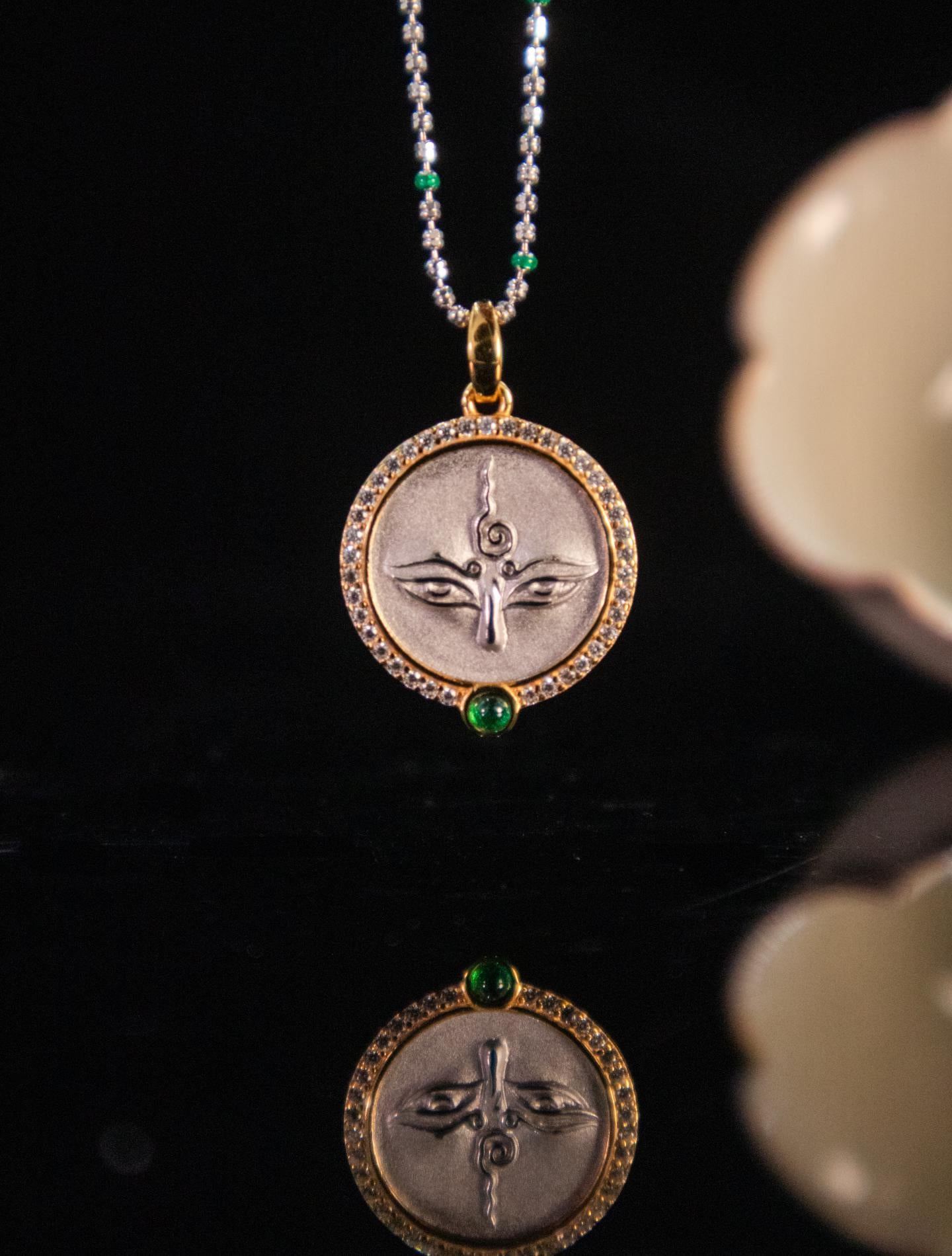 Handcrafted Silver Green Tara Pendant Oxidized Vintage Buddha Eye Necklace Tibetan Buddhist Talisman Spiritual Protection Amulet