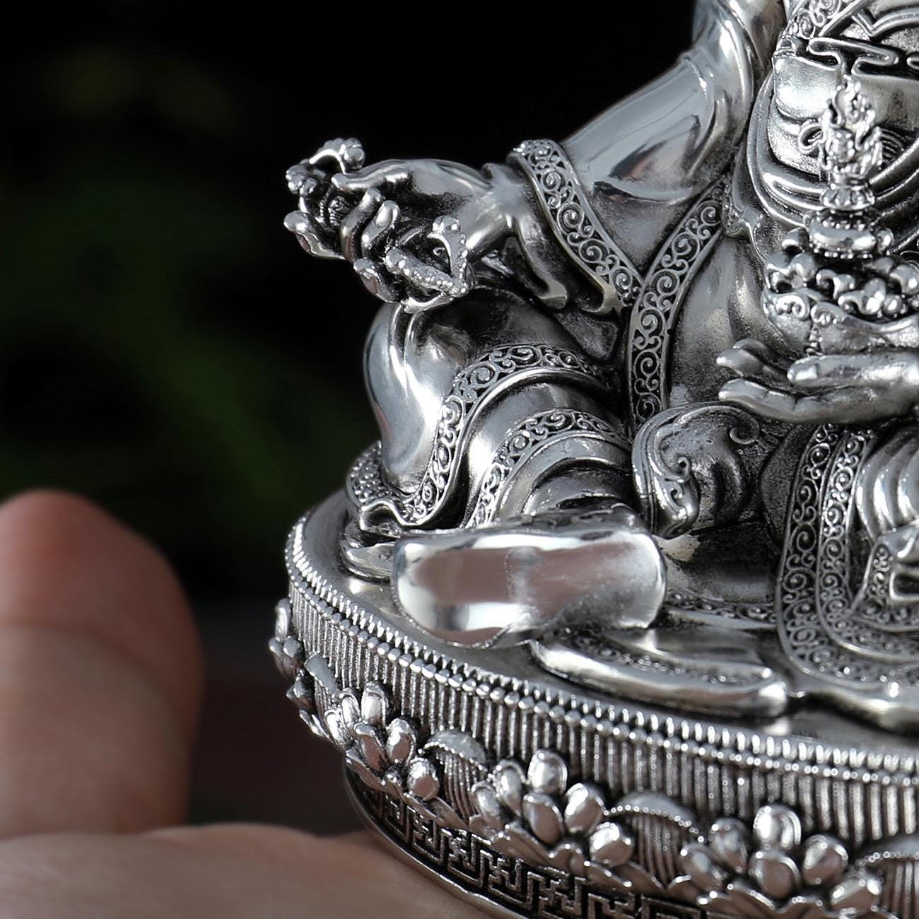 Padmasambhava Statue Guru Rinpoche Tibetan Buddhist Buddha, Silver Plated White Copper Guru Rinpoche Figurine, Altar Shrine Meditation Decor