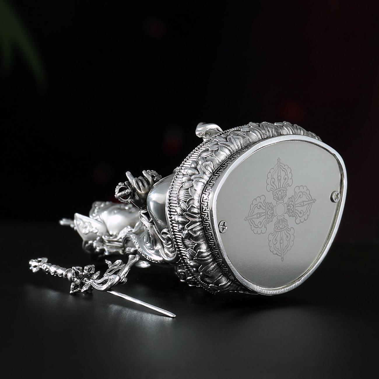 Padmasambhava Statue Guru Rinpoche Tibetan Buddhist Buddha, Silver Plated White Copper Guru Rinpoche Figurine, Altar Shrine Meditation Decor