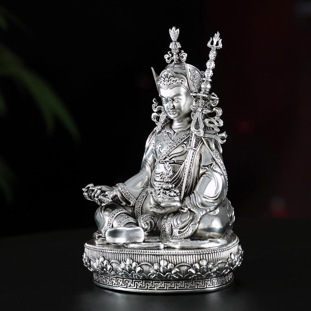 Padmasambhava Statue Guru Rinpoche Tibetan Buddhist Buddha, Silver Plated White Copper Guru Rinpoche Figurine, Altar Shrine Meditation Decor