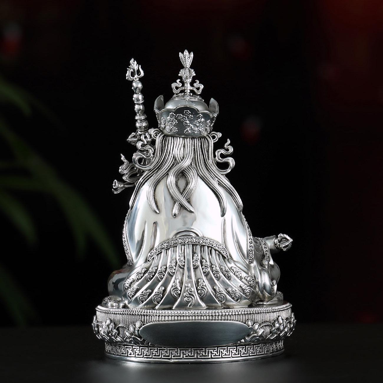 Padmasambhava Statue Guru Rinpoche Tibetan Buddhist Buddha, Silver Plated White Copper Guru Rinpoche Figurine, Altar Shrine Meditation Decor