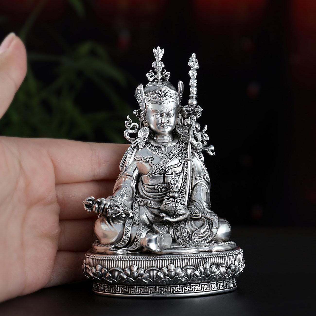 Padmasambhava Statue Guru Rinpoche Tibetan Buddhist Buddha, Silver Plated White Copper Guru Rinpoche Figurine, Altar Shrine Meditation Decor